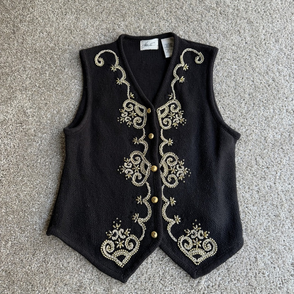 Vintage Kathie Lee Sweater Vest Womens M Black Floral Embroidered Button Knit